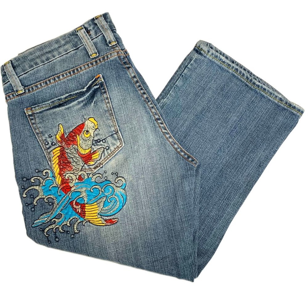 Vintage Vertigo Paris Cropped Capri Denim Jeans Embroidered Koi Fish Size 11/12
